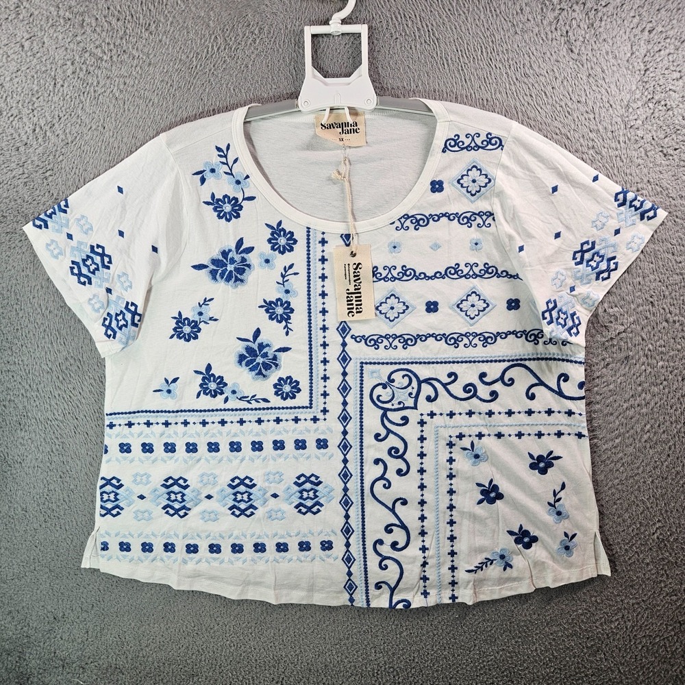 NEW Savanna Jane Top Women 3X Short Sleeve Floral Embroideredโ Boho Blue White